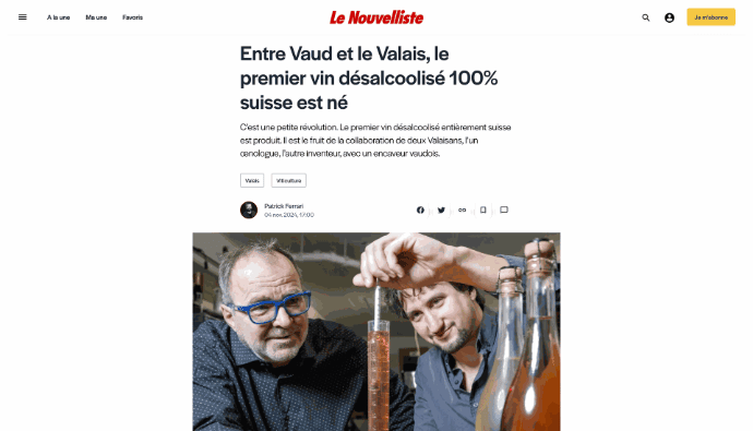 Entre Vaud et le Valais, le premier vin désalcoolisé 100% suisse est né Article - le premier vin désalcoolisé 100% suisse - Nouvelliste